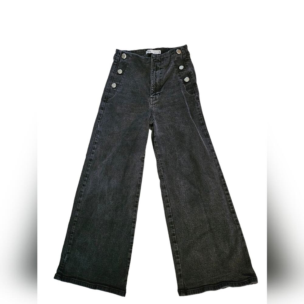 Zara Flare Pants Women 4 Casual Sailor Stretchy High Waisted Cropped Jeans Black